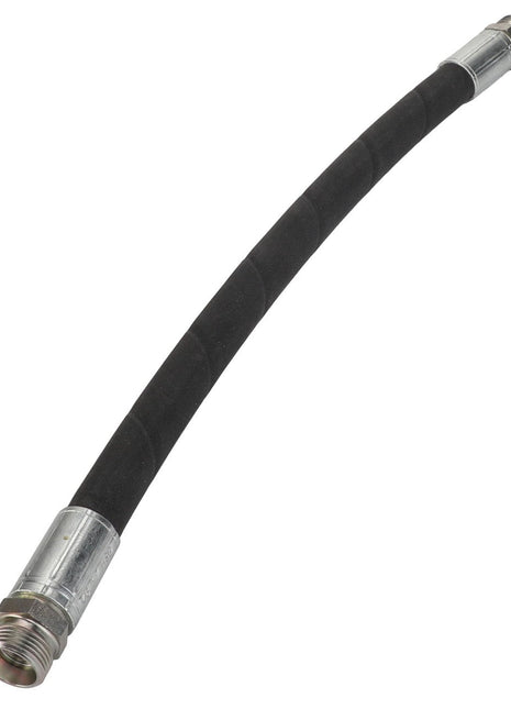 The AGCO Hydr. Hose - Acw052579A is a durable, black rubber hose with metal connectors on both ends, expertly designed to be slightly curved.