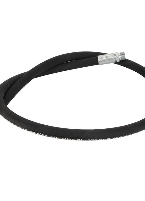 The AGCO | Hose - Acw117039A by AGCO is a durable, black, flexible hydraulic hose equipped with robust metal fittings on both ends, specifically engineered for high-pressure fluid conveyance.