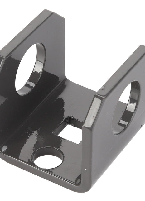 AGCO | BRACKET - D28282364 is a black metal U-shaped bracket that features three circular holes and one square hole.