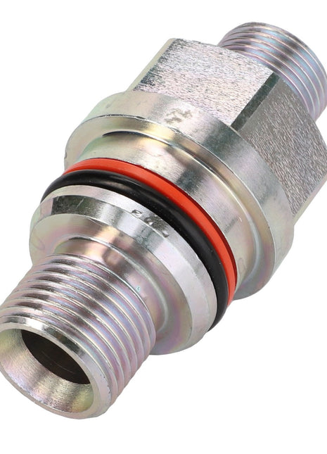 A close-up of the AGCO Adapter - Acp0298170, a silver metal hydraulic fitting with threaded ends and a central red and black O-ring. No current product description available.