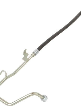 The AGCO | Hose - Acp0383770 by AGCO is a metal tube with a black hose and connectors on both ends, typically used as a fluid line in mechanical systems.