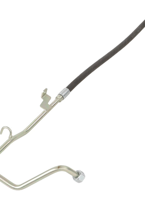 The AGCO | Hose - Acp0383770 by AGCO is a metal tube with a black hose and connectors on both ends, typically used as a fluid line in mechanical systems.