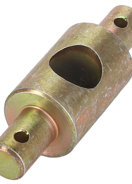 The AGCO | PIN - D28880207 is a sturdy metal coupling featuring two cylindrical ends, each with a precision-engineered hole, along with a larger central opening on one side.