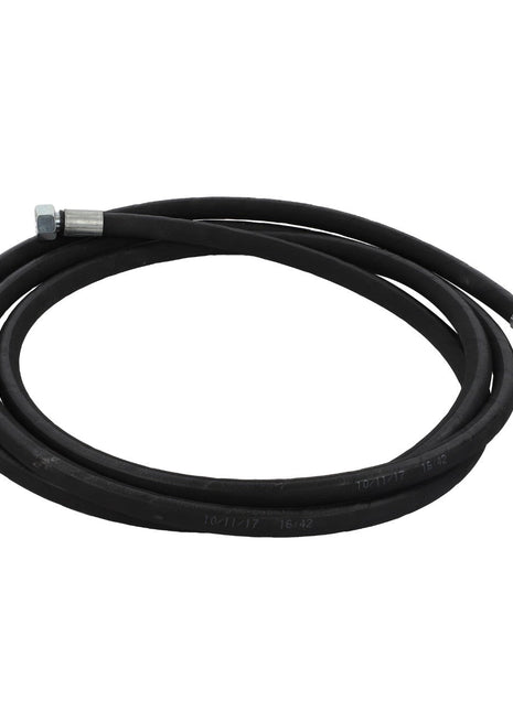 A black coiled rubber hydraulic hose with metal connectors on both ends, known as the AGCO | HYDRAULIC HOSE - D46150547. No current product description information is available.