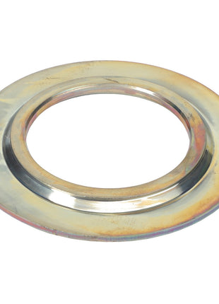 The AGCO | Sealing Washer - 1764-14-15-05 is a metallic circular ring with a smooth surface, featuring a large central hole and a slightly raised outer edge, compatible with various Massey Ferguson models.