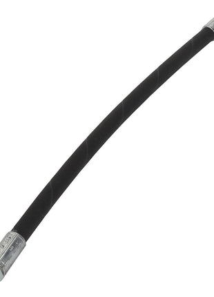 The AGCO Hydraulic Hose - Acw2281120, a black flexible hose with metallic connectors on both ends, is displayed against a white background, showcasing its durability and versatility for various applications.