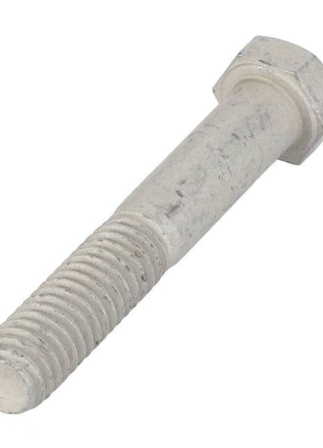 Close-up of the AGCO | HEXAGONAL HEAD BOLT - AG552127, featuring a metallic hex bolt with a threaded shaft and hexagonal head, lying on a white background. No current product description information available for this item.