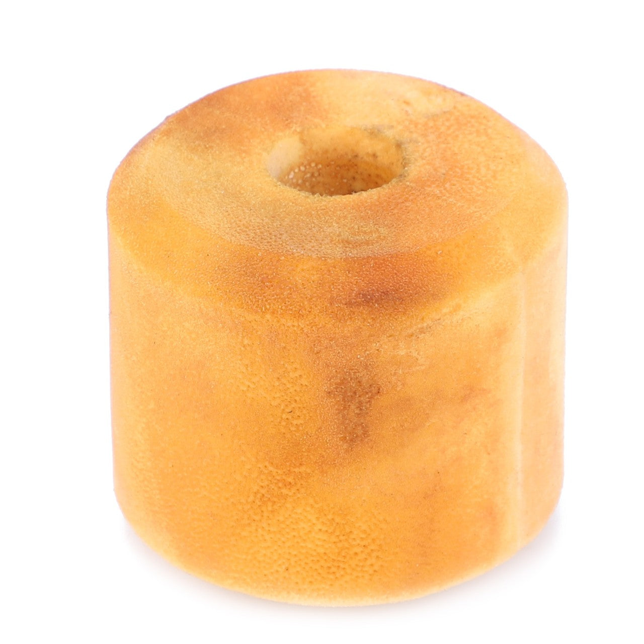 A cylindrical, tan-colored dog chew bone with a small hole in the center, made of rawhide or similar material, resembling the durability of the AGCO Stop Buffer - 716300050150.