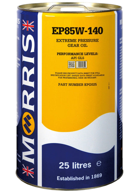 A 25-litre can of AGCO Gear Oil - Vacc3044 with performance levels API GL5. Ideal for heavy-duty agricultural machinery like Valtra and Massey Ferguson. The can is predominantly yellow and blue with the AGCO logo and British flag.