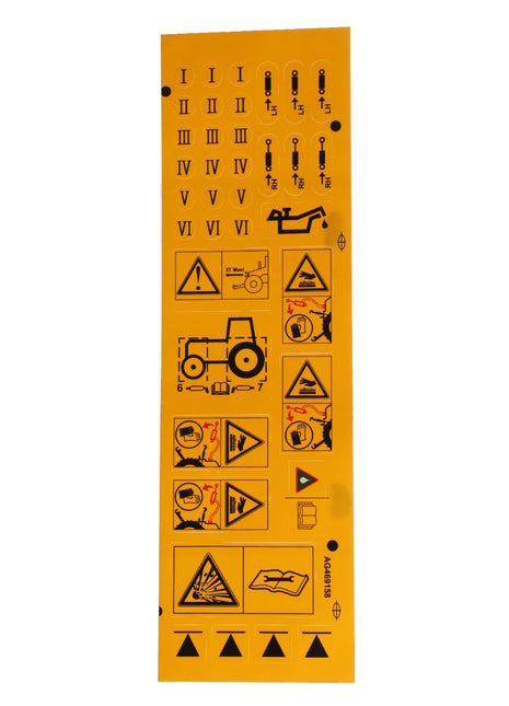 The AGCO Decal - Acp0340200, by the brand AGCO, features a yellow warning sign displaying various safety instructions with icons, numbers, and symbols. These include warnings for tractor hazards, limb safety precautions, and general operational guidelines. Currently, there is no detailed product description available.