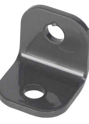 A small, black L-shaped metal bracket with two bolt holes. Product: AGCO | Hose Support - Acw1755990 by AGCO. No additional product description information available.