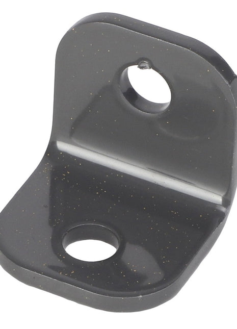 A small, black L-shaped metal bracket with two bolt holes. Product: AGCO | Hose Support - Acw1755990 by AGCO. No additional product description information available.