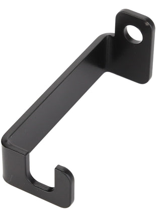 The AGCO Bracket - Acw0190300 is a sturdy black metal bracket featuring a hook on one end and a hole for easy mounting on the other end.