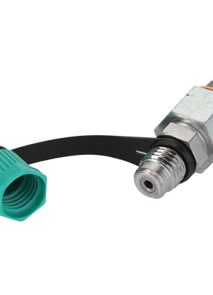 The AGCO Adapter - La293567 is a metal fitting with threaded ends and comes with a green cap secured by a black strap.