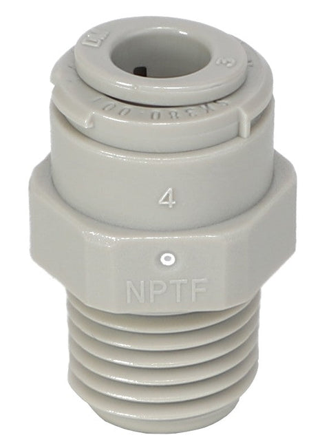 A gray plastic fitting with external threads and a hexagonal body, branded with "AGCO" and labeled as "CONNECTOR - AG516233" and the number "4 NPTF." No current product description information is available.