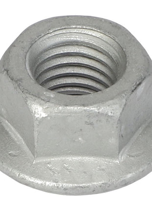 Close-up of an AGCO Hex Flange Nut (Acw1023950) constructed from metal with internal threading, designed for securing bolts and various fasteners. No current product description available.