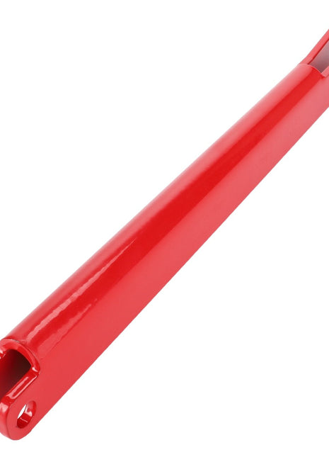 The AGCO | Stay - Acp0297830 is a red, elongated metal tool with a smooth finish, featuring forked ends with holes for attachment or connection, compatible with various Valtra Models.