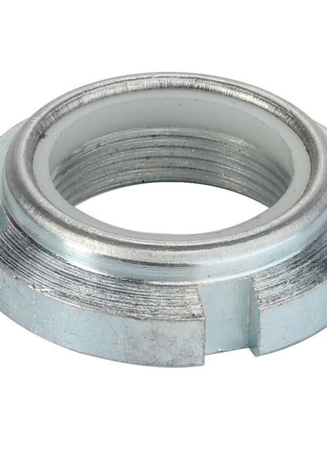The AGCO | LOCKNUT - D46150166 is a silver metal locknut with internal threading and four outer notches, designed for secure fastening in various applications.