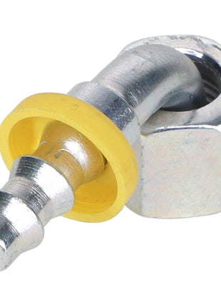 The AGCO Hydraulic Fitting - Acw1988690 is a sturdy metal pipe fitting featuring a hexagonal nut and a distinctive yellow rubber gasket.