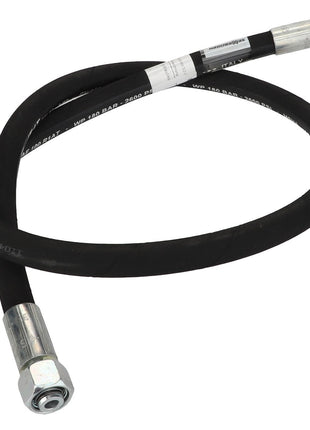 A black hydraulic hose with metal connectors on each end, coiled loosely and labeled "AGCO | WARNING DECAL - ACP0540370," indicating specifications. There is no current product description information available.