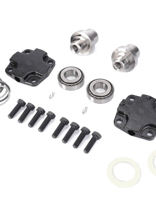 An AGCO Kit Pin - Acp0316240, including bolts, bearings, a differential kit with gaskets, and other metal components for front axle repair on AGCO tractor ranges, is arranged on a white background.