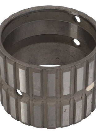 Product Description: The AGCO SLEEVE BUSHING - V30383400 is a metal cylindrical sleeve featuring vertical ridges and circular holes distributed around its circumference. This durable component is manufactured by the reputable brand AGCO.