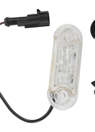 The AGCO | Lamp - Acw6837740, a clear rectangular LED light with an attached black cable and connector, is ideal for tractors like the Valtra N-series. It comes with two black plastic mounting clips for easy installation.