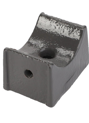 There is currently no product description available for the AGCO Support - La320782950, a black rectangular metal bracket with a curved top and two holes, one on the front face and one on the curved surface.