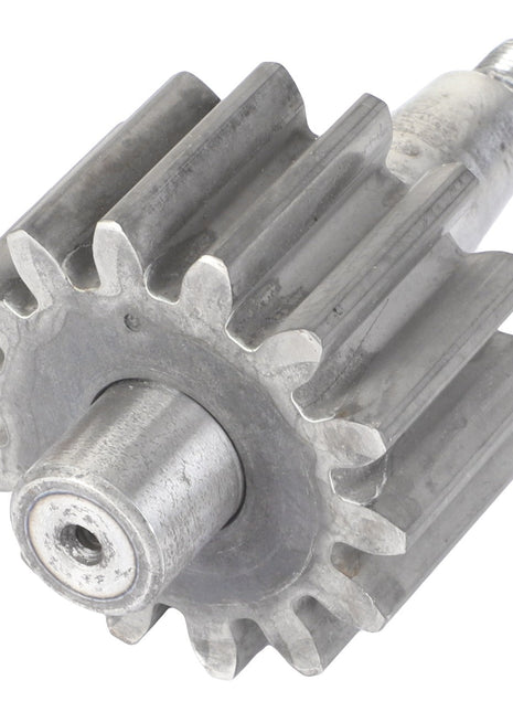 A close-up view of the AGCO Oil Pump Shaft - V836338182, featuring a metallic gear with a threaded rod on one end and teeth along its circumference.