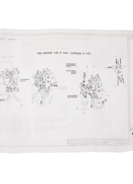 Technical drawing of a mechanical component from AGCO, labeled FIT.INSTRUCTION - CD3340, with multiple views and annotations in French, including detailed parts and assembly instructions.