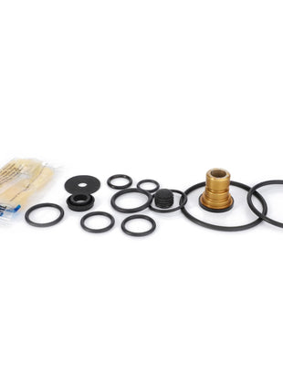 On a white background, the AGCO Repair Kit for Trailer Brake Valve (F916881120010) is displayed, featuring various black rubber O-rings, a brass fitting, and a small packet of lubricant—perfect for brake repair.