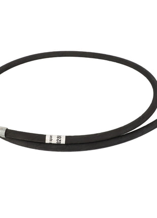 The AGCO HOSE - AL60000286 is a black rubber hydraulic brake hose featuring metal fittings at both ends, with one end equipped with a loop connector and the other end featuring a threaded connector. No current product description information is available.