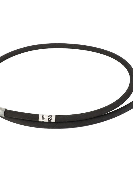 The AGCO HOSE - AL60000286 is a black rubber hydraulic brake hose featuring metal fittings at both ends, with one end equipped with a loop connector and the other end featuring a threaded connector. No current product description information is available.