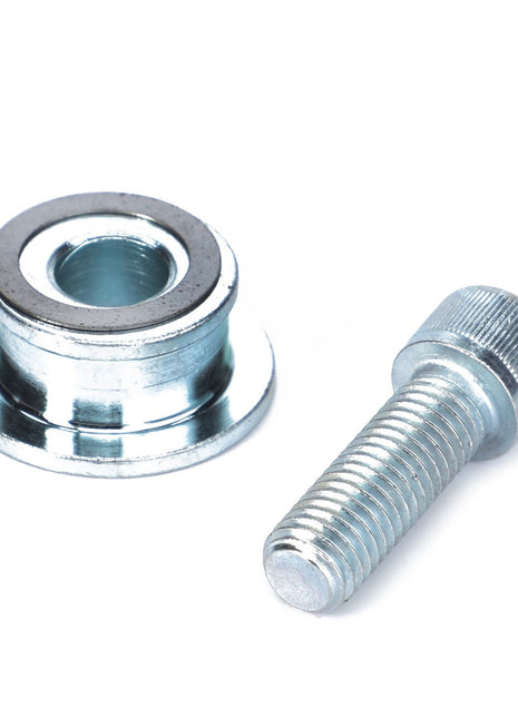 A metal bolt and a cylindrical nut from the AGCO Fixing, Control Lever, Trailer Hitch - F816500070150 set, resembling essential hitch components, placed side by side on a white background.