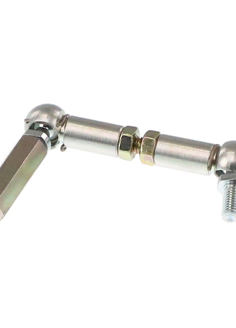 Introducing the AGCO | Rod - Acw3590380 from AGCO, a metal adjustable linkage with hexagonal and cylindrical components. It features dual ball joints at each end connected by a threaded rod in the center.