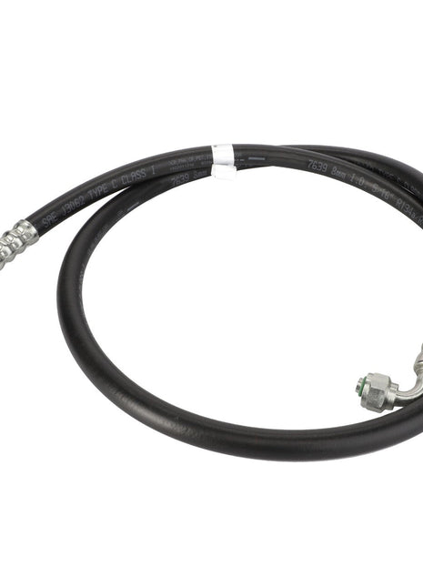 Currently, no product description information is available for the AGCO Bulk Hose - Acw1917180, a black hydraulic hose with silver metal fittings on both ends, coiled in a circular shape.