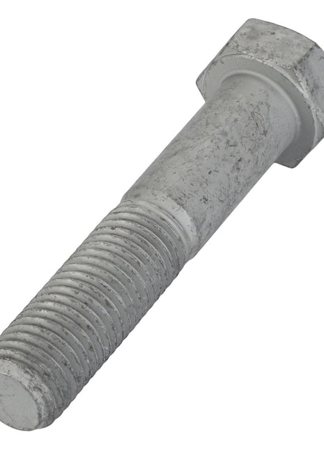 A close-up image showcases an AGCO Hexagonal Bolt - Acw0884550 from AGCO, featuring a weathered steel finish with a threaded shank and hexagonal head, revealing signs of slight tarnishing.
