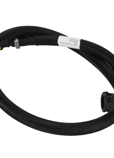 A coiled, black braided flexible hose with a connector on one end and a label attached near the middle is identified as the AGCO Fuel Hose - Acw4052370 from the AGCO brand.