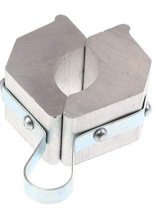 AGCO's Cylinder Stop - Acp0120500, a metal hinge clamp with a circular opening in the center, secured by bolts and featuring a spring-loaded latch on one side.