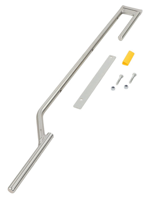 The AGCO Locking - Acp0566230, featuring a silver latch bar with screws, a metal plate, and a yellow plastic piece, is displayed against a white background. No current product description is available for this item.