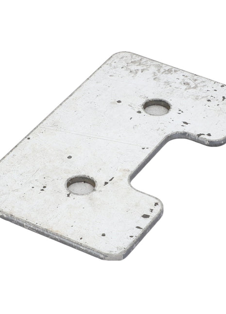 A rectangular metal plate, model AGCO | PLATE - D28550372 by AGCO, features two circular holes and a notched corner, showing signs of wear and scratches. Current product description information is unavailable.