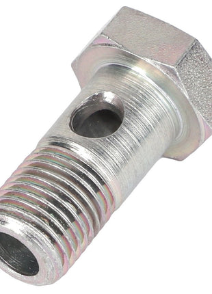 Close-up of the AGCO | SCREW - AL1120166, showcasing its metallic bolt design with a hexagonal head, a threaded shaft, and a central hole running through its length.