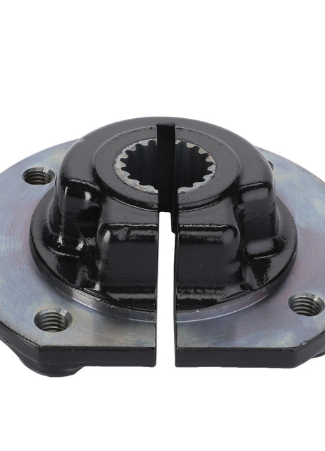 Close-up view of an AGCO Parts Genuine Hub, Cutting Header Pulley (D44127100) with bolt holes, showcasing a split design for easy installation to reduce expensive repairs and improve machinery efficiency.