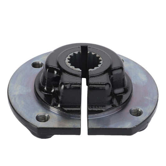 Close-up view of an AGCO Parts Genuine Hub, Cutting Header Pulley (D44127100) with bolt holes, showcasing a split design for easy installation to reduce expensive repairs and improve machinery efficiency.