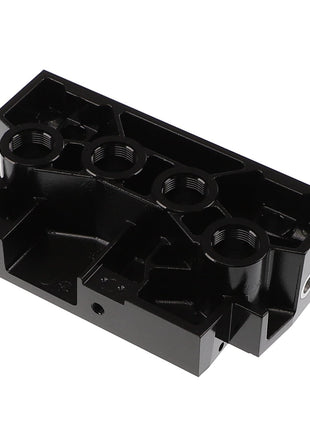 A sleek, black rectangular AGCO BREECH PLATE - AL5044905 industrial component with multiple threaded holes and grooves, viewed from an angle.