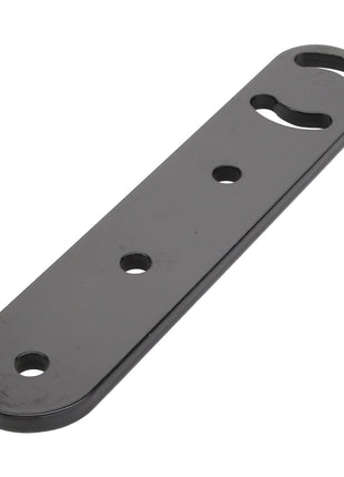 The AGCO | BRACKET - AL10383704 by AGCO is a black metal mounting bracket featuring three circular holes and one elongated slot. Note that there is no current product description information available.