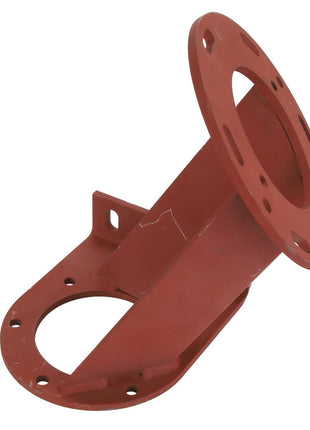 AGCO | SPACER - D28585326 is a red metal mounting bracket featuring circular flanges on either end, designed for industrial applications. No current product description information available.