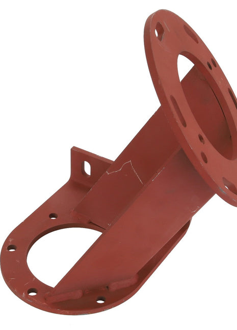 AGCO | SPACER - D28585326 is a red metal mounting bracket featuring circular flanges on either end, designed for industrial applications. No current product description information available.