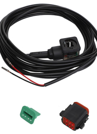 A coiled electrical wire with a black connector attached, accompanied by two separate connectors—one green and one black and red—positioned below the wire. Product Name: AGCO | HARNESS - AL5102207; Brand Name: AGCO.