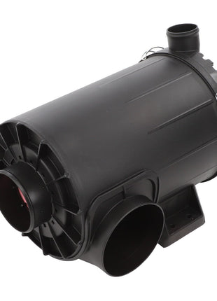 An image of the AGCO Kit, Air Cleaner - Acw355426B, a black cylindrical industrial blower by AGCO, featuring a reinforced outer casing and multiple pipe fittings for air intake and exhaust.